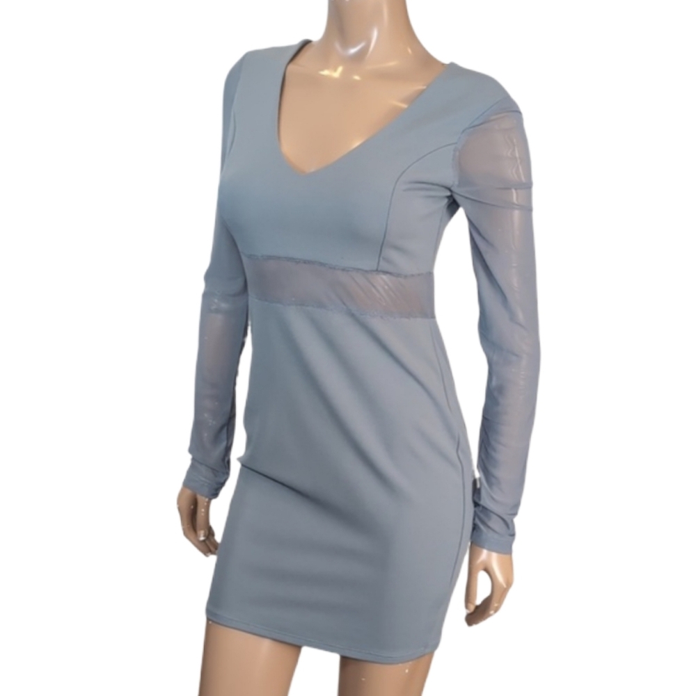 Revamped Blue Grey Mesh Panel Bodycon Mini Dress Long Sleeve Size Small